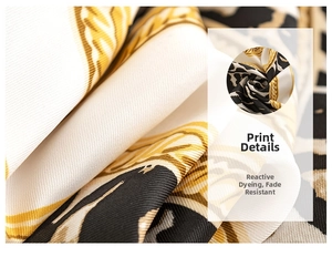 Close-up of leopard print silk scarf with golden chain pattern and fine texture
