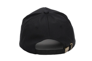 Detailed back view of black baseball cap with adjustable strap and metal buckle