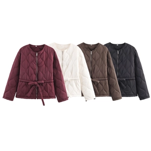 Women Quilted Padded Jacket Round Neck Zip Up Long Sleeve Solid Color Waist Belted Outerwear Casual Fashion