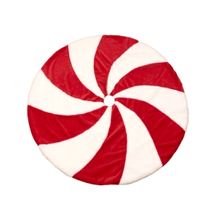 Red and white swirl candy cane pattern plush Christmas tree skirt on white background