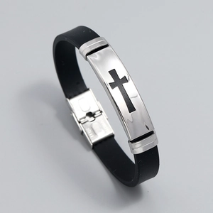 Men's black silicone bracelet with stainless steel cross plate and fold-over clasp