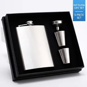 8oz stainless steel hip flask set with funnel and two cups in a black presentation box