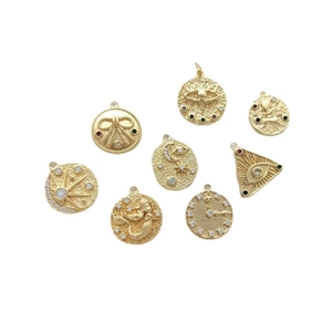 8-piece 14K gold plated vintage pendants set with cubic zirconia and symbolic charms