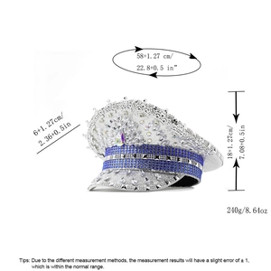 Silver sequin military hat with sparkling rhinestones and crystal fringe for women