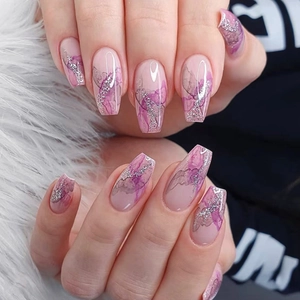 Purple Marble Press On Nails Coffin Long Artificial Fake Nails With Silver Glitter Ink Wash French Style For Women