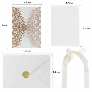 Detailed laser cut rose gold glitter wedding invitation set with dimensions and ivory ribbon