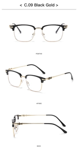Detailed views of vintage black and gold semi-rimless eyeglass frames from three angles