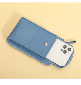 Close-up of blue PU leather crossbody phone bag with snap closure and side zipper pocket