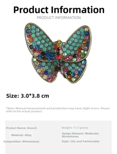 Detailed view of alloy butterfly brooch with colorful rhinestones and 3.0x3.8cm dimensions