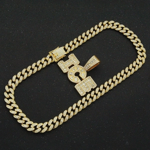Men's hip hop gold Cuban chain necklace with iced out 101 number pendant detail