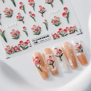 Nail Art Stickers 3D Relief Embossed Tulip Flower Lucky Letter Decals Self Adhesive Manicure Decoration Elegant
