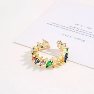 Adjustable gold open ring featuring a row of colorful marquise-cut zircon gemstones