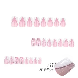 Unghie finte French con fiori 3D e sfumatura rosa glitterata stile ballerina