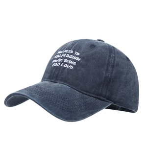 Vintage washed navy baseball cap with white embroidered calm down slogan for unisex