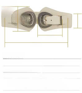Size chart for beige elastic corset belt with dimensions and material specifications