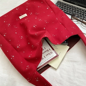 Dettaglio interno della borsa tote in feltro rosso con stelle argento e capienza