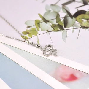 Macro view of minimalist silver snake pendant showing polished finish and smooth curves