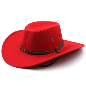 Detail of red felt cowboy hat featuring brown twisted rope band and metal side vents