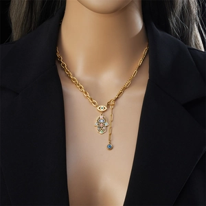 Gold Hamsa Hand and Evil Eye pendant necklace with mixed Cuban and paperclip chains