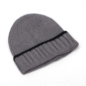 Classic dark gray ribbed knit beanie with black stripe detail for autumn and winter