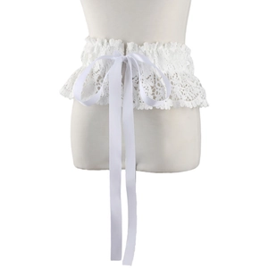 Detail of white lace corset belt with satin ribbon ties shown on a mannequin