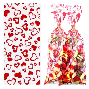 Detail of transparent OPP treat bag with red hearts showing flat and filled use case