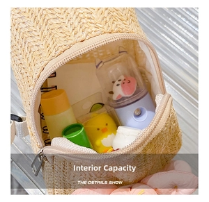 Detail showing the inner capacity of the cute cartoon bear woven mini crossbody bag