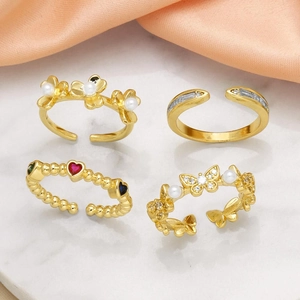 Butterfly Flower Heart Artificial Pearl Gold Plated Copper Open Rings For Women Adjustable Zircon Fashion Jewelry