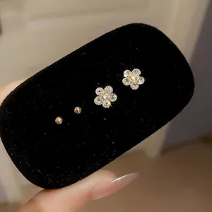 Flower Zircon Stud Earrings And Round Gold Ball Earrings With Silver Earring Post For Women Elegant Jewelry
