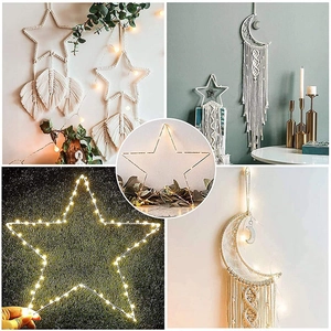 Star and moon woven tapestry wall hanging with LED warm white lights and metal frame