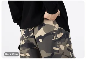 Detailed back view of men's camouflage cargo pants showing loose fit and durable fabric