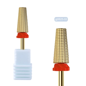 Detailed close-up of a 5-in-1 gold alloy nail drill bit with professional diamond textures