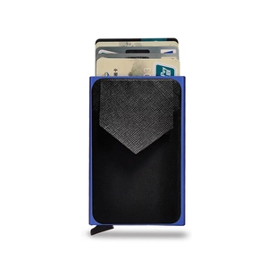 Blue RFID blocking aluminum card holder with leather pocket and automatic pop-up mechanism