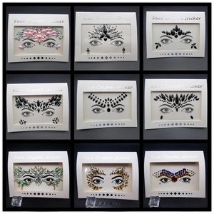 Detailed catalog of colorful acrylic face crystal stickers in nine different gemstone patterns