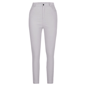 Detail of slim fit light gray denim jeans featuring high waist and black button closure