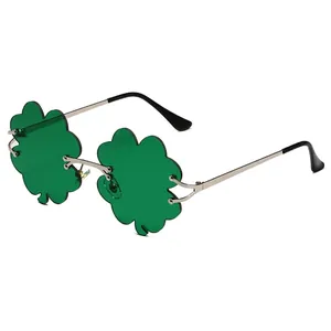 Green shamrock-shaped rimless sunglasses with silver metal frames for St. Patrick's Day