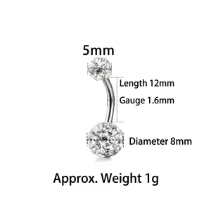 Curved stainless steel belly ring with 5mm and 8mm crystal disco balls dimensions