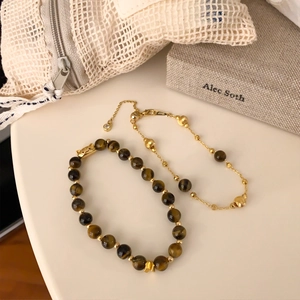 Tiger eye beaded bracelet with 18K gold plated tiger head and elegant layered chain