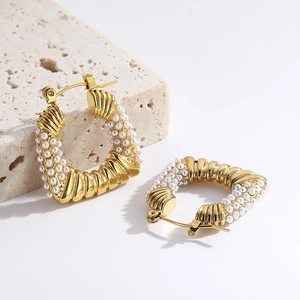 Quadratische Creolen Edelstahl Kunstperlen Geometrisch Gedrehtes Metall Vintage Eleganter Schmuck Für Damen