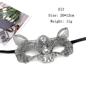 Silver grey lace masquerade mask with cat ear design and black ribbon tie for party