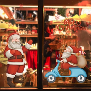 Christmas Santa Claus window decals with Merry Christmas text and red snowflakes
