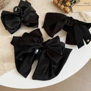 Elegant French Style Large Black Satin Bow Hair Claw Clip Satin Fabric Acrylic Shark Clip For Women Hair Accessories