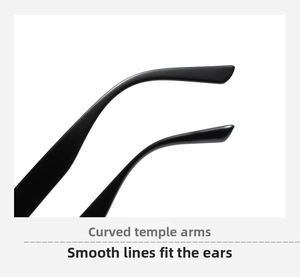 Detail of curved black ergonomic temples for comfortable fit on oval sunglasses