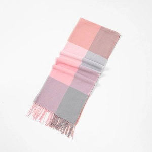Thick autumn winter warm plaid scarf with pink and grey blocks and tassel detail