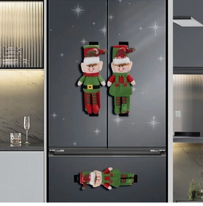 Detailed view of Christmas elf refrigerator handle covers on grey fridge handles