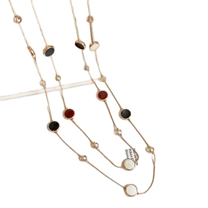 Golden double-layer sweater necklace with colorful enamel pendants and crystal beads