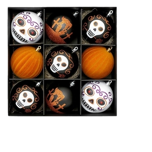 Set of 9 Halloween skull and pumpkin decorative hanging ornaments in a black gift box