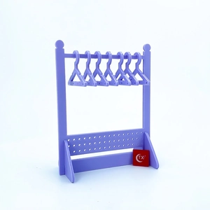 Purple acrylic jewelry stand with mini hangers for earrings and necklace display