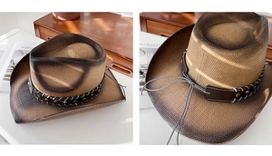Détail d'un chapeau de cowboy vintage dégradé avec bande en cuir cloutée et paille tressée