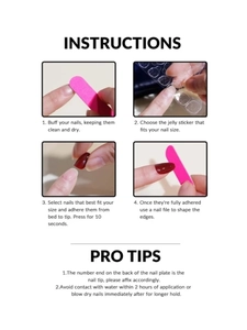 Detailed four-step application guide for blue press-on nails with preparation tools